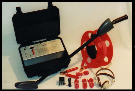 Pulsar 2000 Line Tracer kit: transmitter case, tracing wand, cable reel, clip leads and headphones